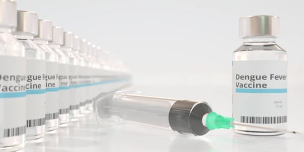 A row of vials labeled “Dengue Fever Vaccine” and a syringe